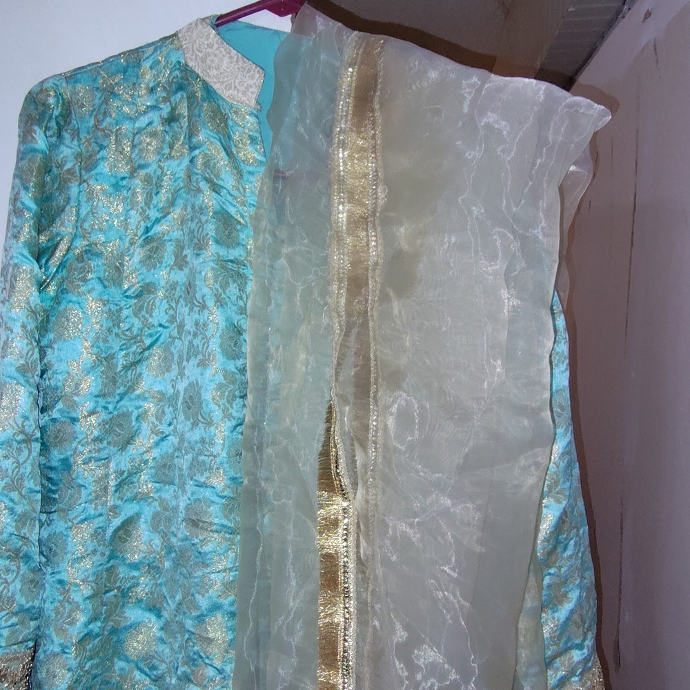 Elegant Blue and Gold Brocade Outfit with Sheer Dupatta Set Bust Size is 42"